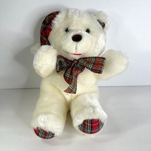 White Christmas Teddy Bear Cuddle Wit Wearing Plaid Hat and Bow